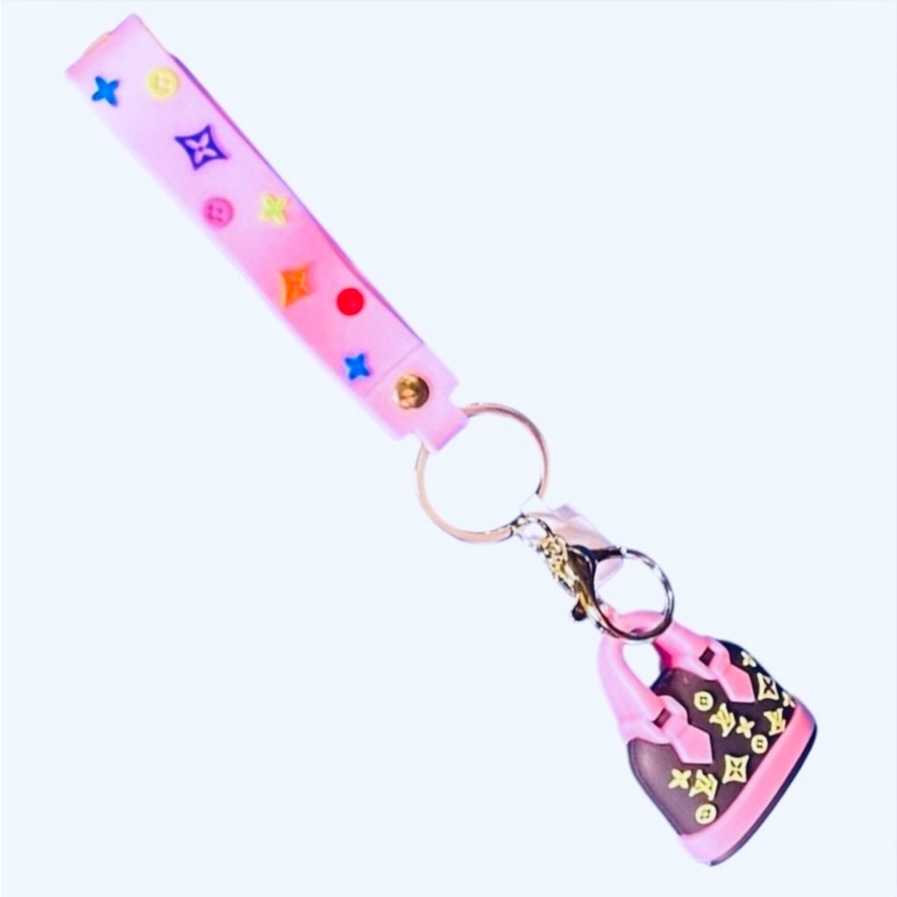 BAG CHARM/KEYCHAIN: Chocolate Brown and Pink Purse w/Wristlet, Custom. EUC - Picture 5 of 9